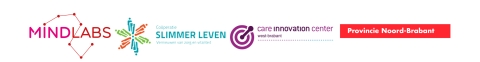 Logo's organiserende partijen: vlnr Mindlabs, Coöperatie Slimmer Leven, Care Innovation Center West-Brabant, Provincie Noord-Brabant